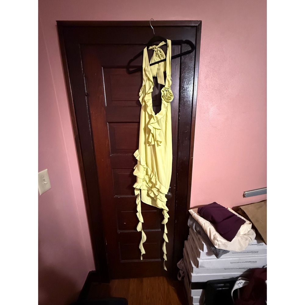 PrettyLittleThing Yellow Ruffle Halter Mini Dress Rosette Detail US 8